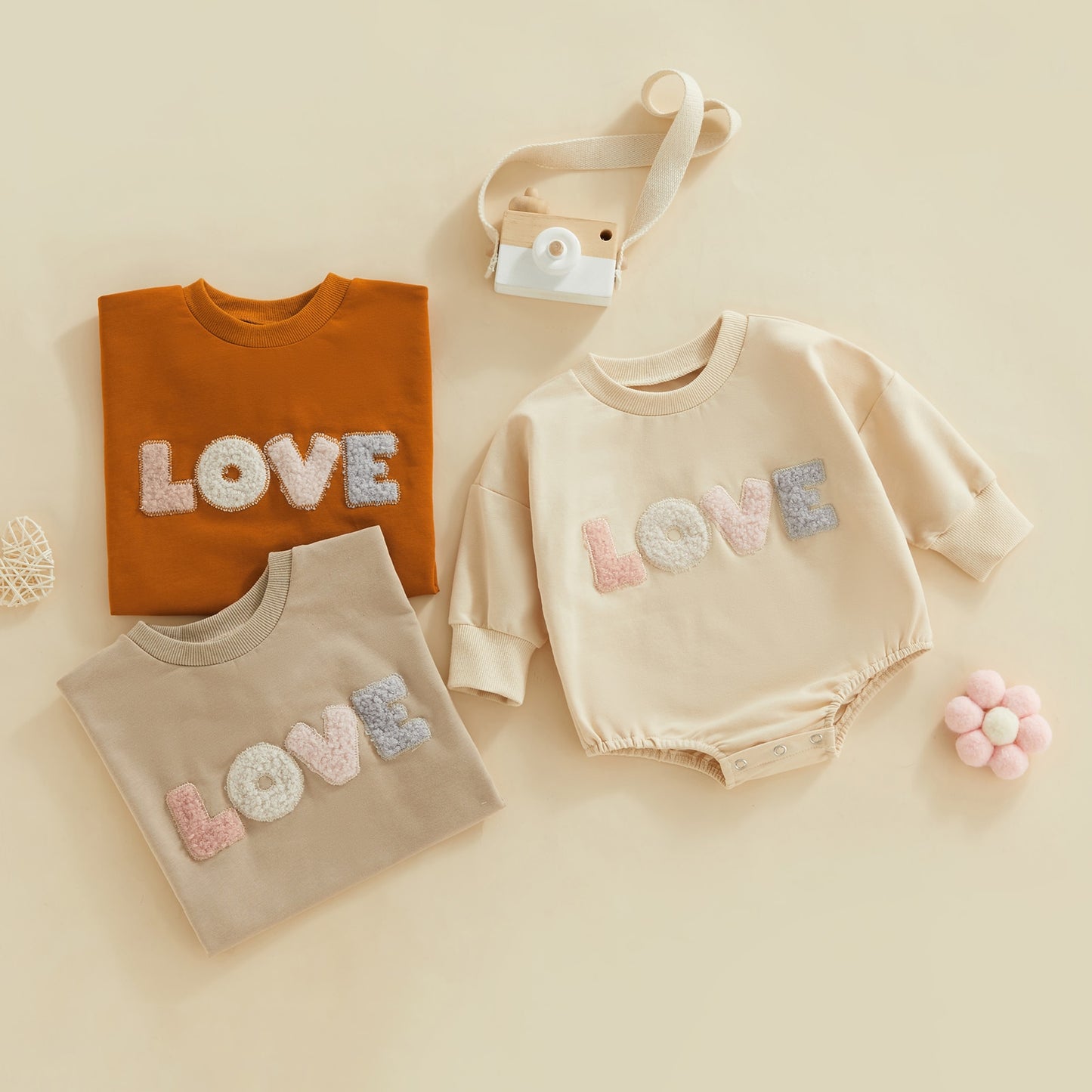 Infant Baby Girl Fall Bodysuit Fuzzy Letter Love Printed Long Sleeve Round Neck Bodysuit Bubble Romper