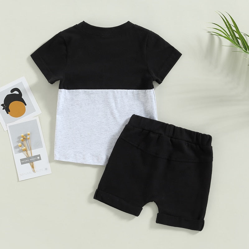 Baby Toddler Boys 2Pcs Outfit Set Short Sleeve Pocket Contrast Color Tee Solid Drawstring Shorts