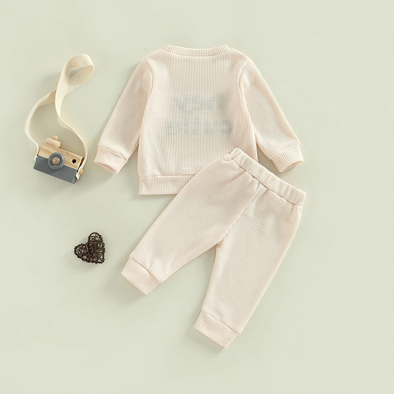 Toddler Baby Girl Boy 2Pcs Hey Cutie Outfit Long Sleeve Ribbed Knit Tops Pants Set