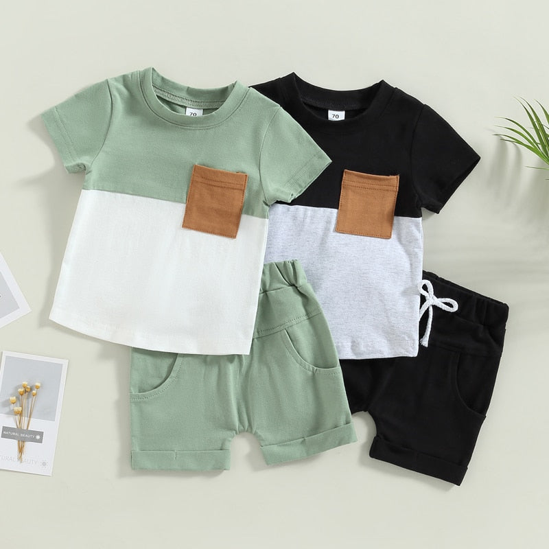 2pcs Baby Boy Striped Colorblock Short-sleeve Tee and Solid Shorts Set