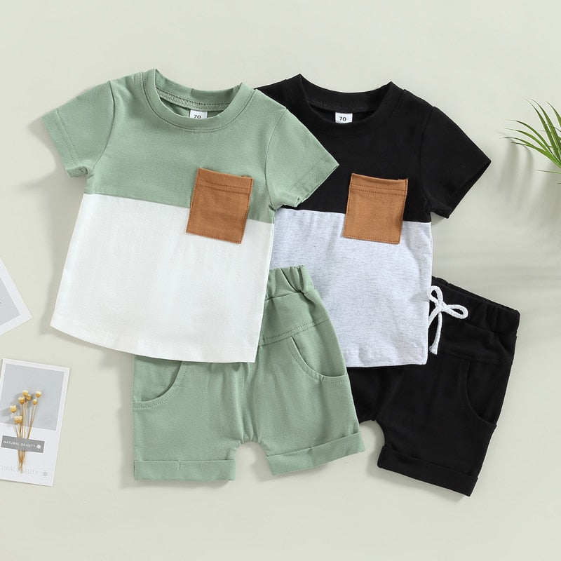 Baby Toddler Boys 2Pcs Outfit Set Short Sleeve Pocket Contrast Color Tee Solid Drawstring Shorts