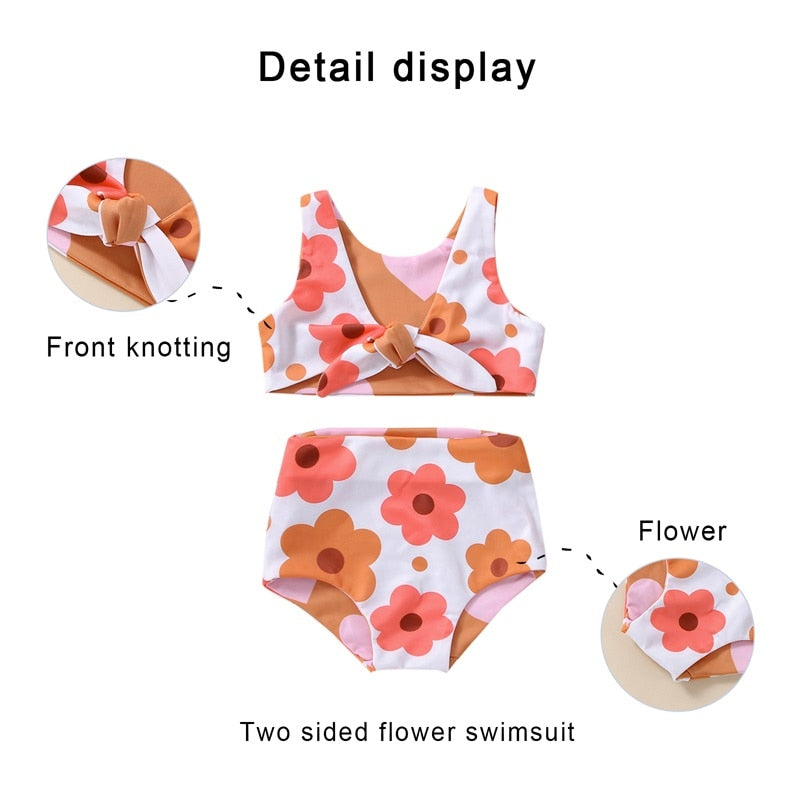 Infant Baby Girls Summer Reversible Swimsuit Flower Heart Print V-Neck Front Knotted Top High Waist Bottoms