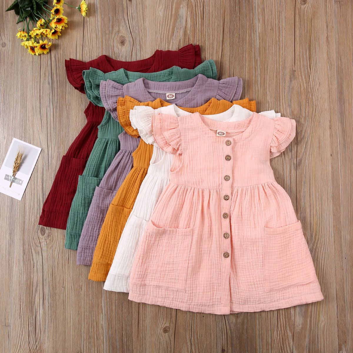 Toddler Kid Baby Girl Summer Dress Ruffles Sleeves Cotton Button Pocket Dress Sundress