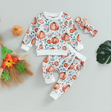 Load image into Gallery viewer, Baby Toddler Girl 3Pcs Halloween Outfit Pumpkin Flower Print Long Sleeve Top Pants
