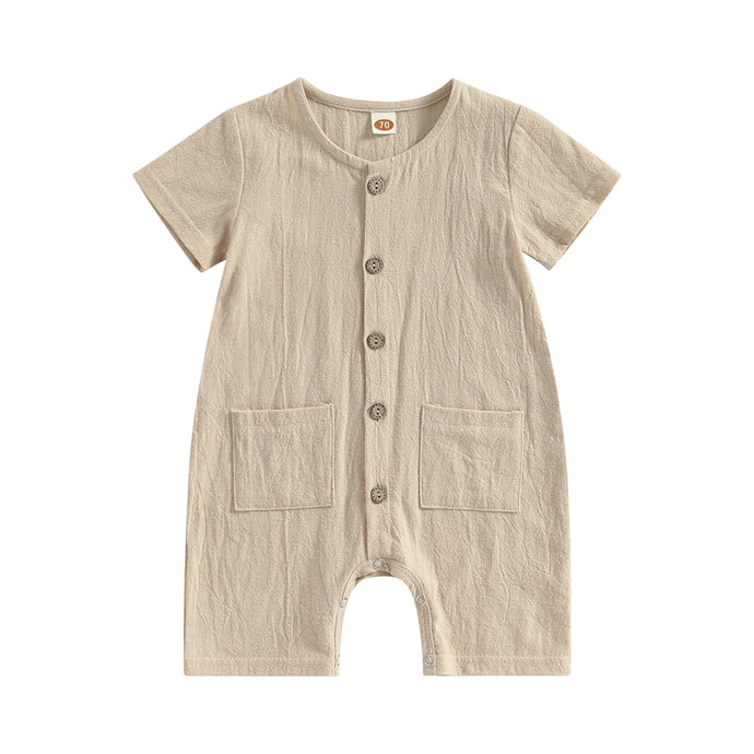 Baby Boys Girls Jumpsuit Solid Color Striped Short Sleeve Button Down Romper