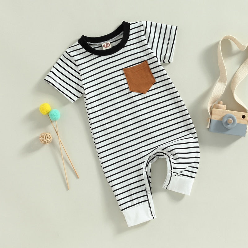 Infant Baby Boys Jumpsuit Crew Neck Color Block Short Sleeve Striped Pocket Romper