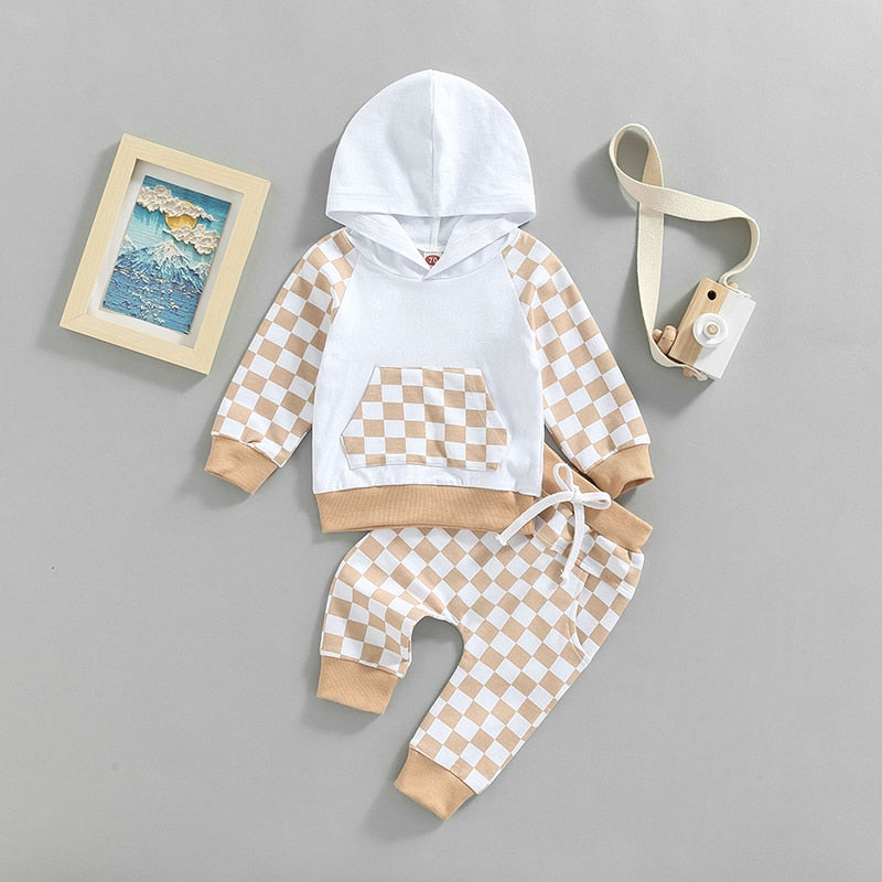 Baby Toddler Girl Boy Outfit 2Pcs Set Plaid Long Sleeve Hoodie with Pockets Elastic Drawstring Waist Pants