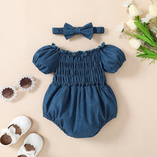 Load image into Gallery viewer, Baby Girl 2Pcs Casual Bodysuit Short Sleeve Off Shoulder Pleated Short Denim Jumpsuit Head Band Set Bubble Romper
