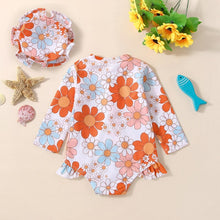 Load image into Gallery viewer, Infant Girls Summer Swimsuit Flower Print Long Sleeve Zipper Closure Ruffle Rash guard Swimming Cap
