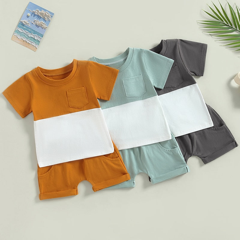 Toddler Baby Boys 2Pcs Outfit Short Sleeve Pocket Color Block T-shirt with Elastic Waist Shorts