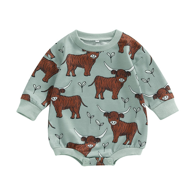 Baby Boy Girl Bodysuit Long Sleeve Crew Neck Bison Highland Cow Bull Print Bubble Romper