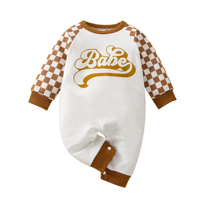 Babe Checkerboard Infant Baby Boy Fall Romper Long Sleeve Pants Letter Babe Printed Jumpsuit