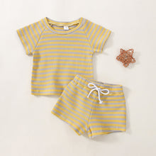 Load image into Gallery viewer, Infant Baby Boy Girl 2Pcs Outfit Short Sleeve Striped Shirt  Waffle Knit Top and Shorts
