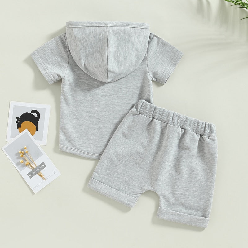 Toddler Baby Boys 2Pcs Short Sleeve Hooded Pocket T-shirt with Elastic Waist Shorts Outfit