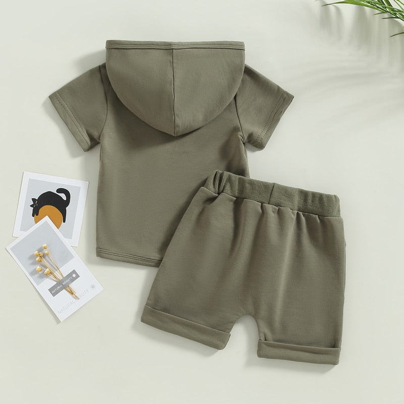 Toddler Baby Boys 2Pcs Short Sleeve Hooded Pocket T-shirt with Elastic Waist Shorts Outfit