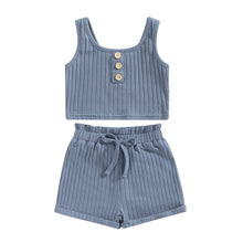 Load image into Gallery viewer, Baby Toddler Girls 2Pcs Summer Outfit Solid Button Tank Top and Ribbed Drawstring Shorts
