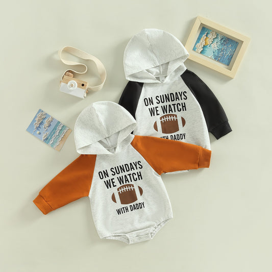 Infant Baby Boy Girl On Sundays We Watch Football with Daddy Hooded Bodysuit Long Sleeve Raglan Jumpsuit Bubble Romper