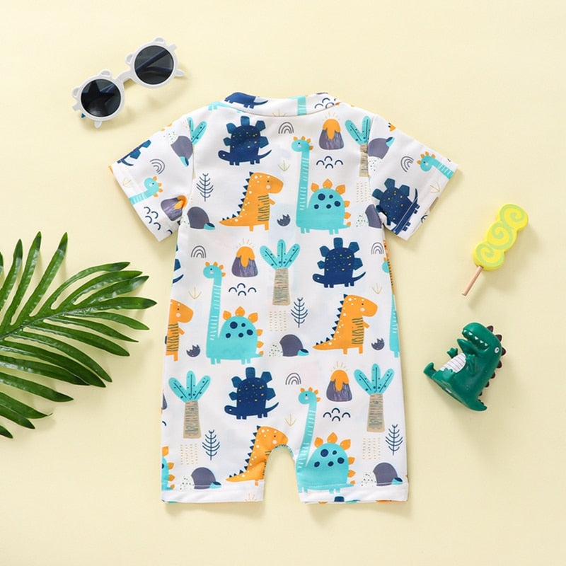 Baby Kids Boys Summer Swimsuit Cartoon Dinosaur Printed Short Sleeve Zipper Jumpsuit Swimwear Beachwear Rash guard