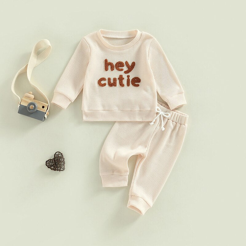 Toddler Baby Girl Boy 2Pcs Hey Cutie Outfit Long Sleeve Ribbed Knit Tops Pants Set