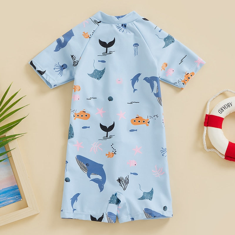 Toddler Baby Boy Girl Summer Marine Life Print Short Sleeve Front Zipper Shorts Swim Suit Swimwear