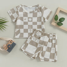 Load image into Gallery viewer, infant Girls Boys 2Pcs Outfit Sun Checkerboard Print Crew Neck Short Sleeve Waffle T-Shirts Shorts
