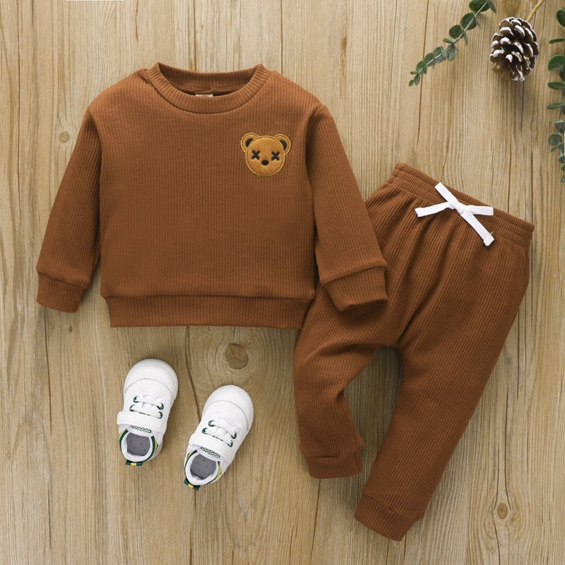 2 Piece Autumn Teddy Bear Print Baby Toddler Boy Girl Ribbed Long Sleeve And Pants Set