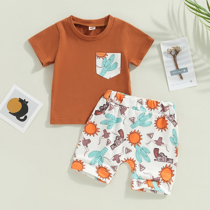 Toddler Baby Kids Boys 2Pcs Clothes Short Sleeve Cactus Print Tops Shorts Outfit Set