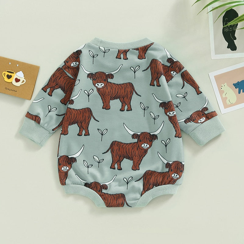 Baby Boy Girl Bodysuit Long Sleeve Crew Neck Bison Highland Cow Bull Print Bubble Romper