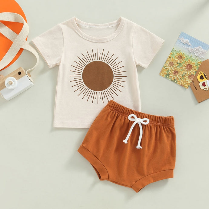 Toddler Baby Boys Girls Short Sleeve Crew Neck Sun Print T-shirt with Elastic Waist Bloomers Shorts Outfit Set