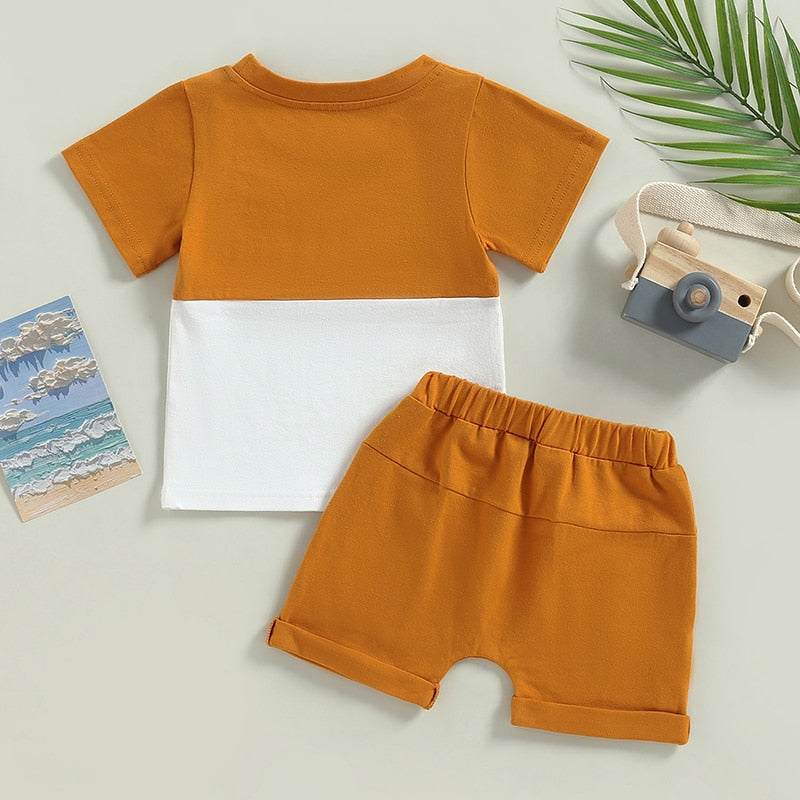 Toddler Baby Boys 2Pcs Outfit Short Sleeve Pocket Color Block T-shirt with Elastic Waist Shorts