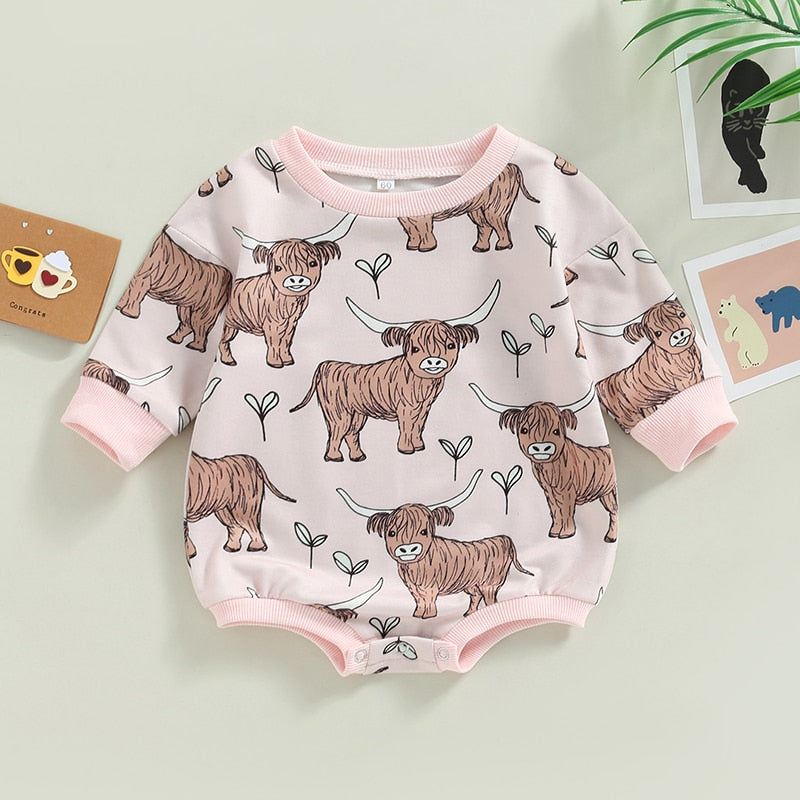 Baby Boy Girl Bodysuit Long Sleeve Crew Neck Bison Highland Cow Bull Print Bubble Romper