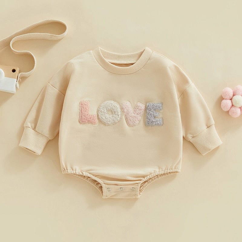 Infant Baby Girl Fall Bodysuit Fuzzy Letter Love Printed Long Sleeve Round Neck Bodysuit Bubble Romper