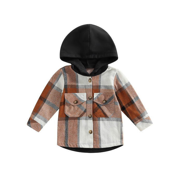 Adorable Toddler Boy Fall Plaid Hooded Button Down Checkered Long Sleeve Jacket