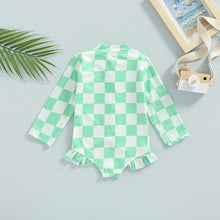 Load image into Gallery viewer, Children Baby Toddler Kids Girls Swimwear Ruffle Checkerboard Printed Zipper Long Sleeve Bodysuits Swimsuits Bathing Suits Rash Guard
