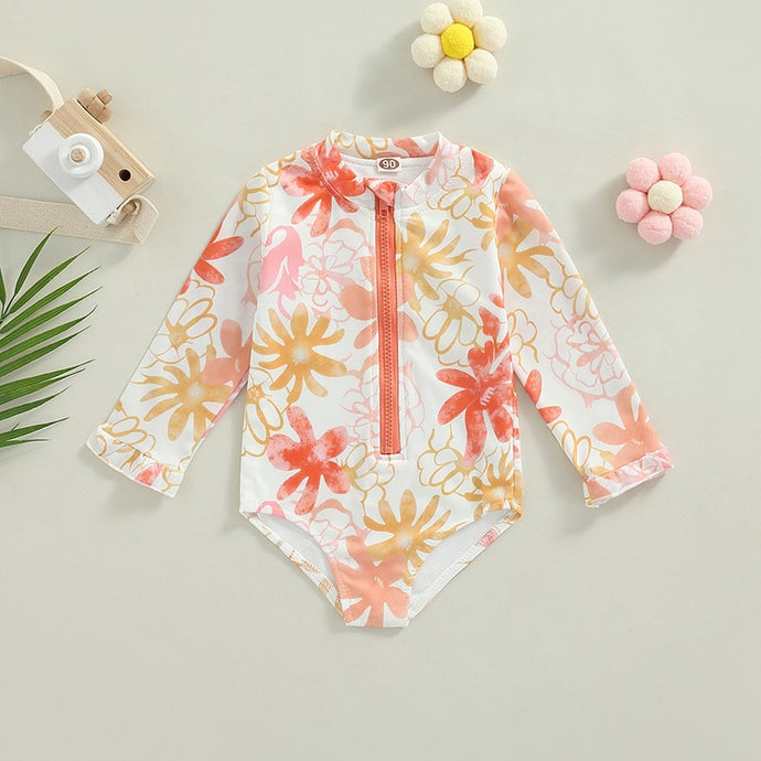 Toddler Girls Long Sleeve Swimsuit Flower Print Zipper Swimwear