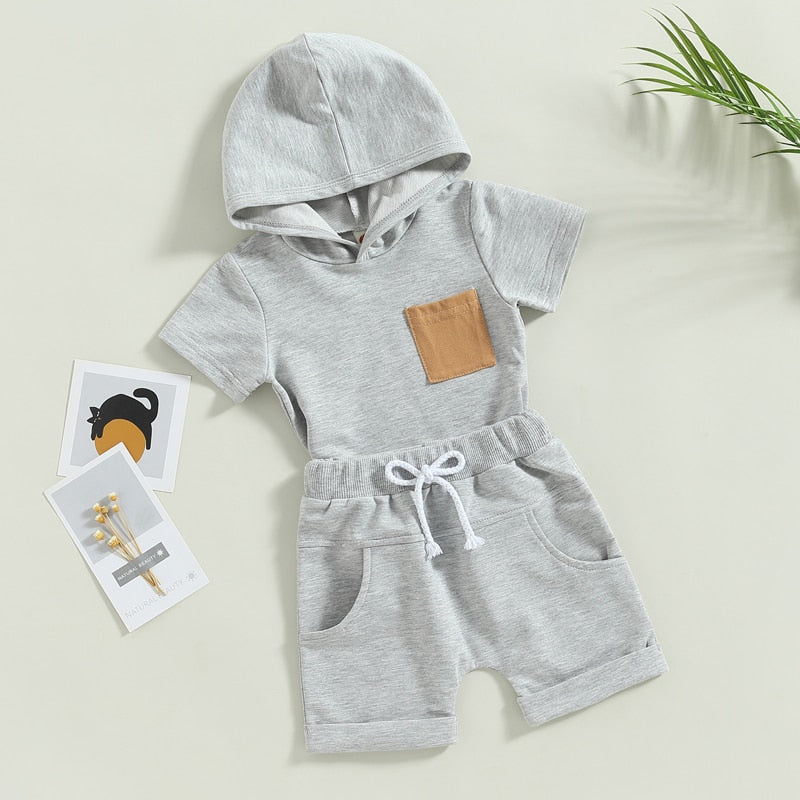 Toddler Baby Boys 2Pcs Short Sleeve Hooded Pocket T-shirt with Elastic Waist Shorts Outfit