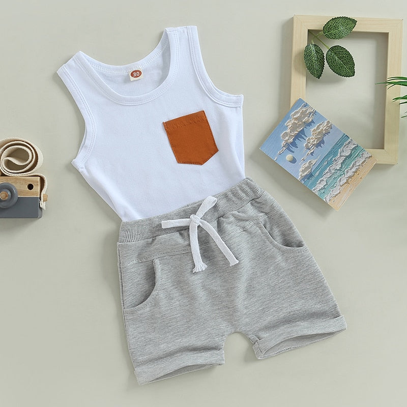 Toddler Baby Kid Boys 2Pcs Tank Top Chest Pocket and Drawstring Short Outfit