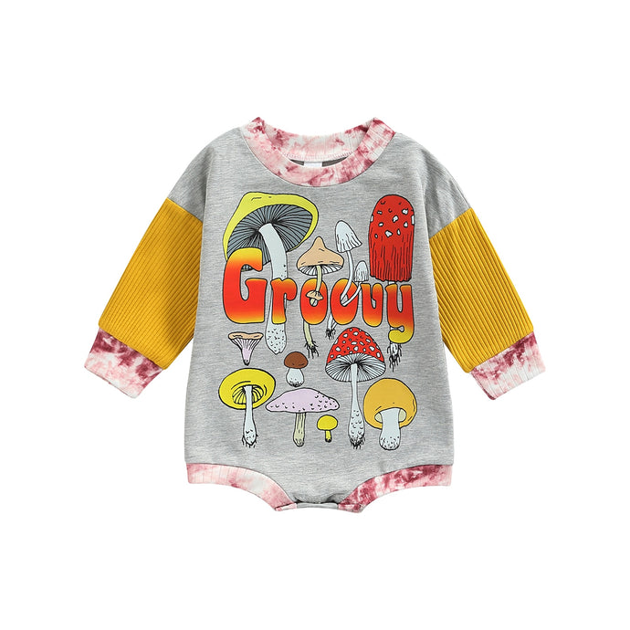 Infant Baby Boy Girl Casual Color Contrast Long Sleeve Groovy Mushroom Printed Bodysuit Romper