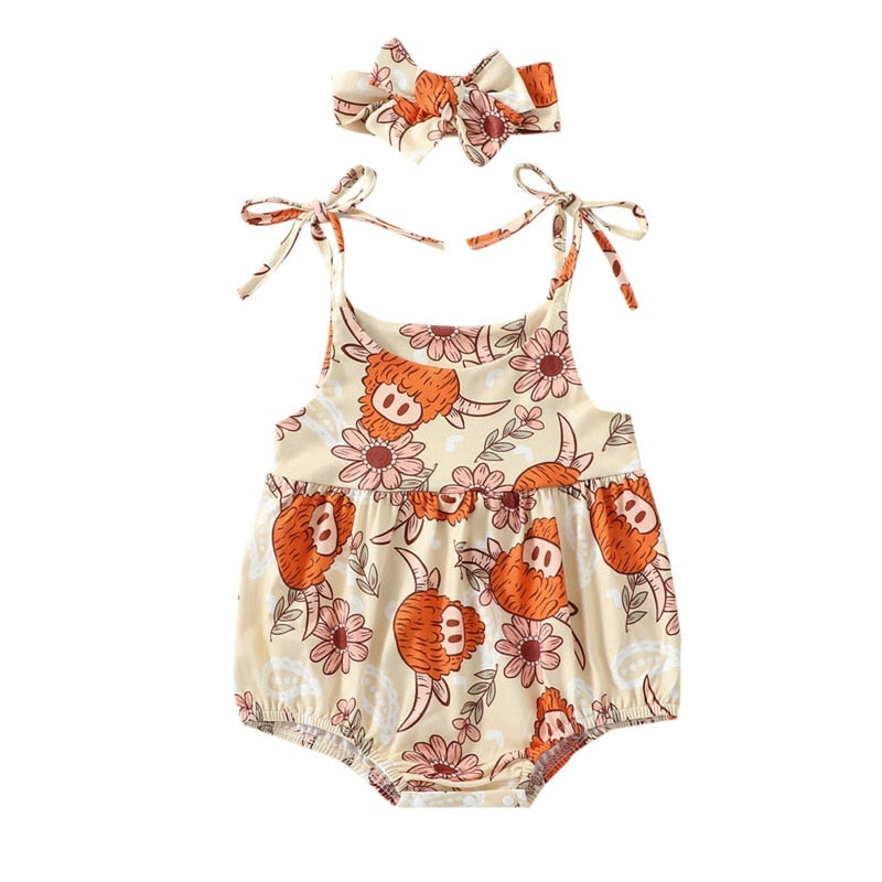 Baby Girl Bodysuit Tie Tank Top Flower / Bull Print Bubble Romper and Headband Outfit