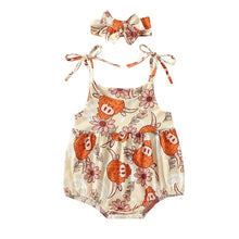 Load image into Gallery viewer, Baby Girl Bodysuit Tie Tank Top Flower / Bull Print Bubble Romper and Headband Outfit
