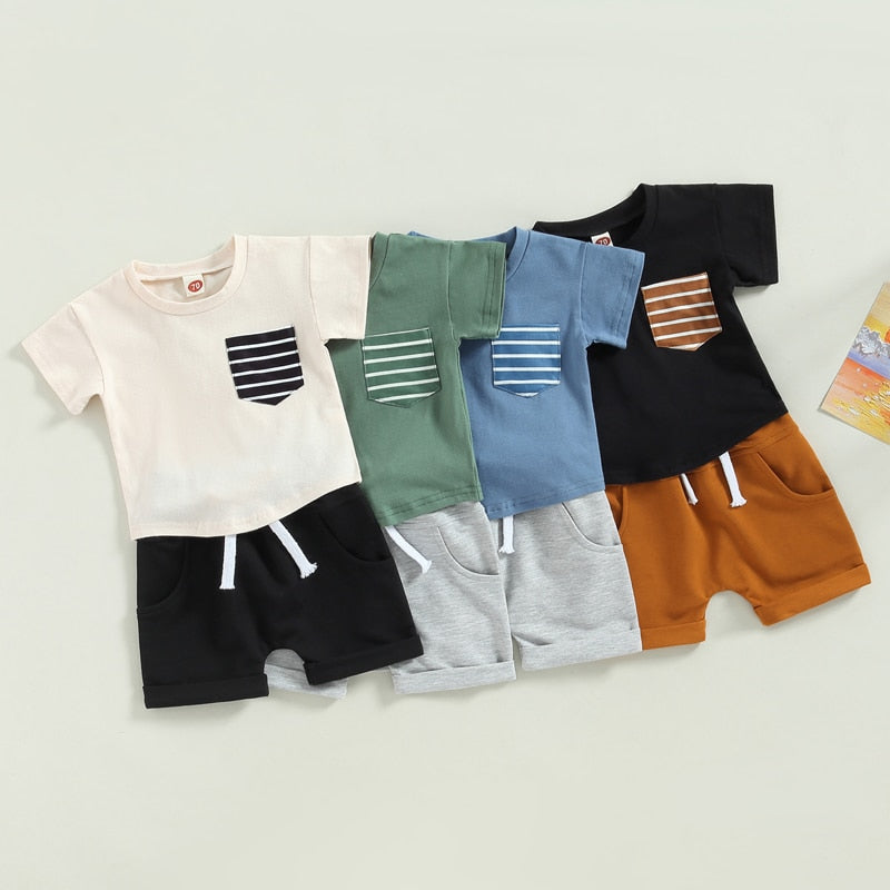 Toddler Baby Boys 2Pcs Shorts Outfit Short Sleeve Crew Neck Stripes Pocket T-shirt with Elastic Waist Shorts