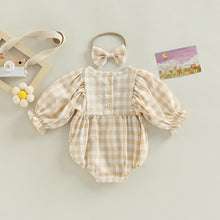 Load image into Gallery viewer, Infant Baby Girls Plaid Long Sleeve Jumpsuit with Bow Headband Romper Outfit

