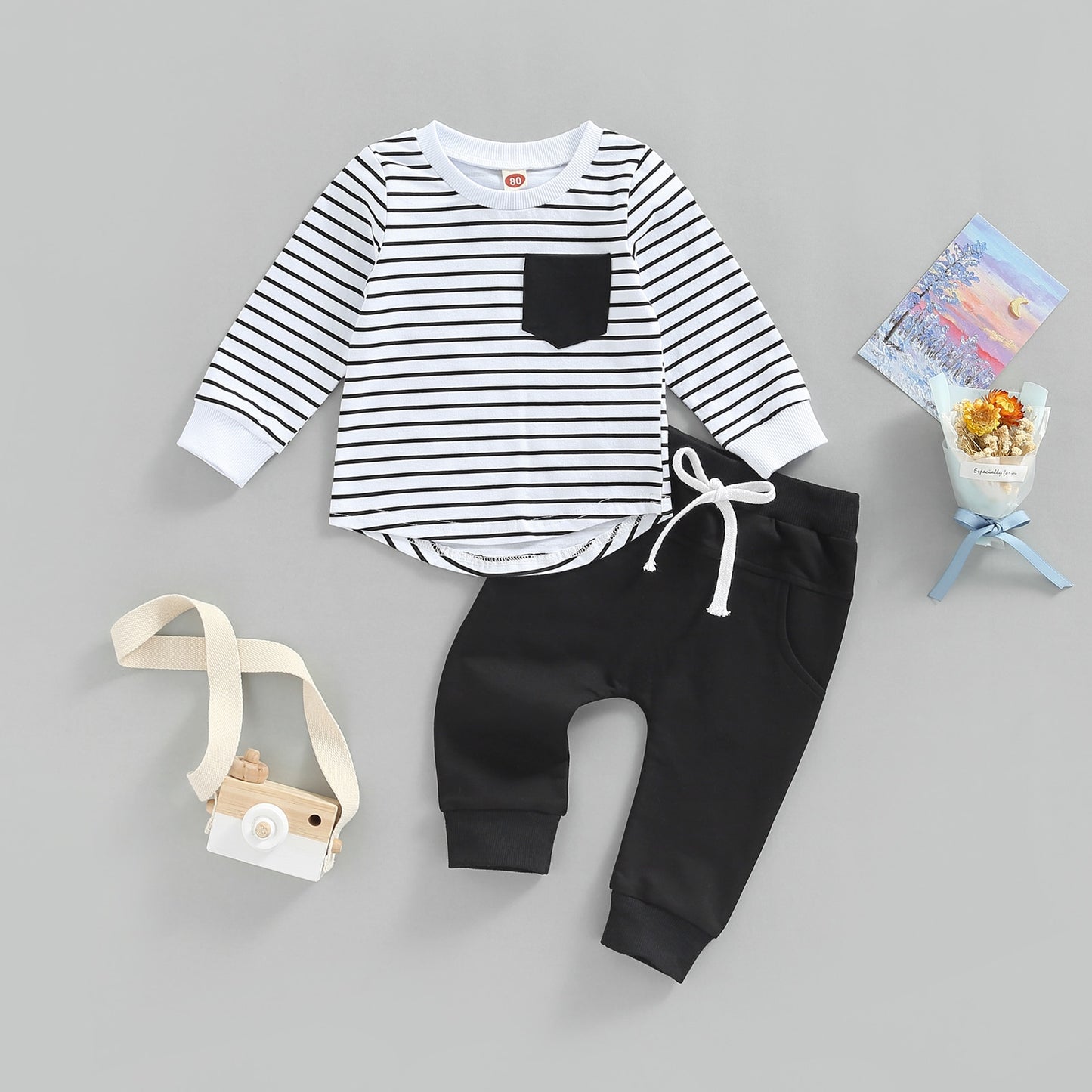 Toddler Baby Boy 2 Piece Autumn Clothing Set Long Sleeve Striped Top Shirt Solid Pants Outfit