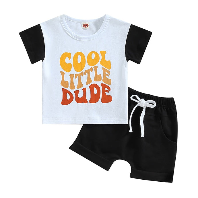 Baby Boys 2Pcs Summer Short Sleeve Cool Little Dude Print T-shirt with Elastic Waist Shorts Outfit