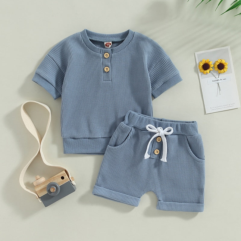 Infant Baby Girls Boys Waffle Knit Outfits Crew Neck Short Sleeve Top with Buttons and Cute Shorts