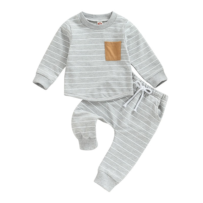 Baby Boys Clothing Set Striped Print Pocket Long Sleeve T-shirt and Elastic Waist Drawstring Long Pants Outfit