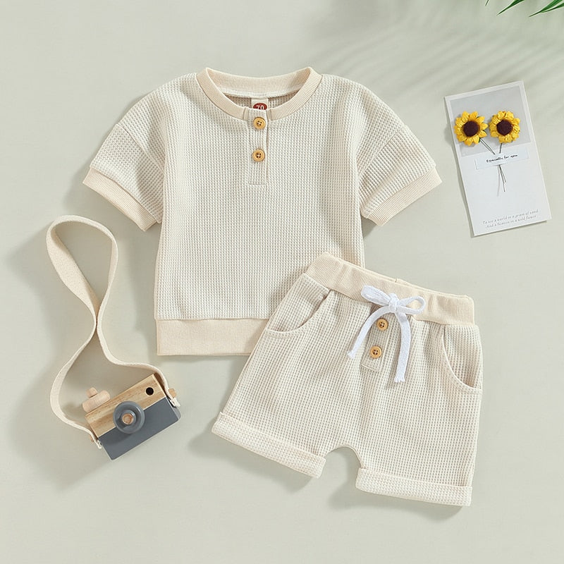 Infant Baby Girls Boys Waffle Knit Outfits Crew Neck Short Sleeve Top with Buttons and Cute Shorts