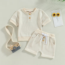 Load image into Gallery viewer, Infant Baby Girls Boys Waffle Knit Outfits Crew Neck Short Sleeve Top with Buttons and Cute Shorts
