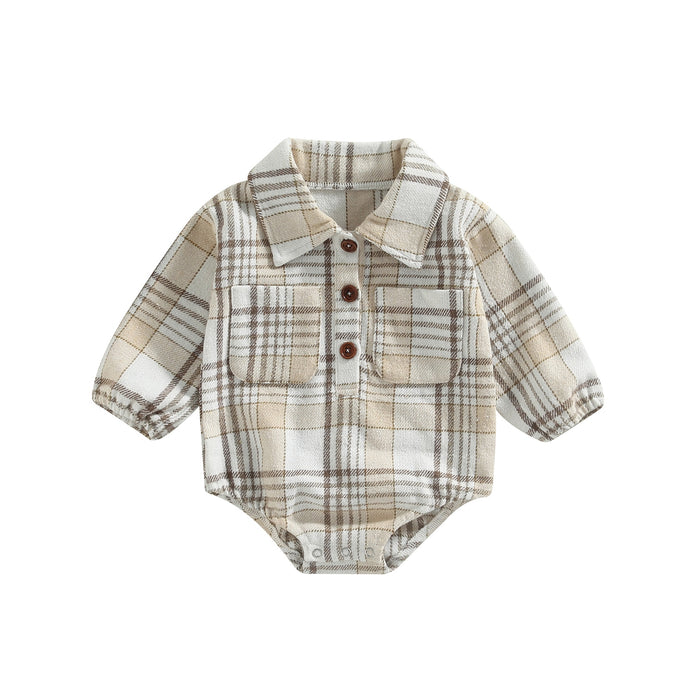 Plaid Baby Boy Long Sleeve Button Vintage Romper With Pocket