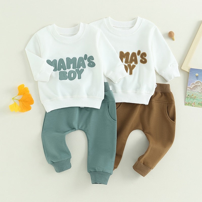 Baby Toddler Boys Girls 2Pcs Fall Clothes Sets Long Sleeve Mamas Boy Embroidery Tops Pant